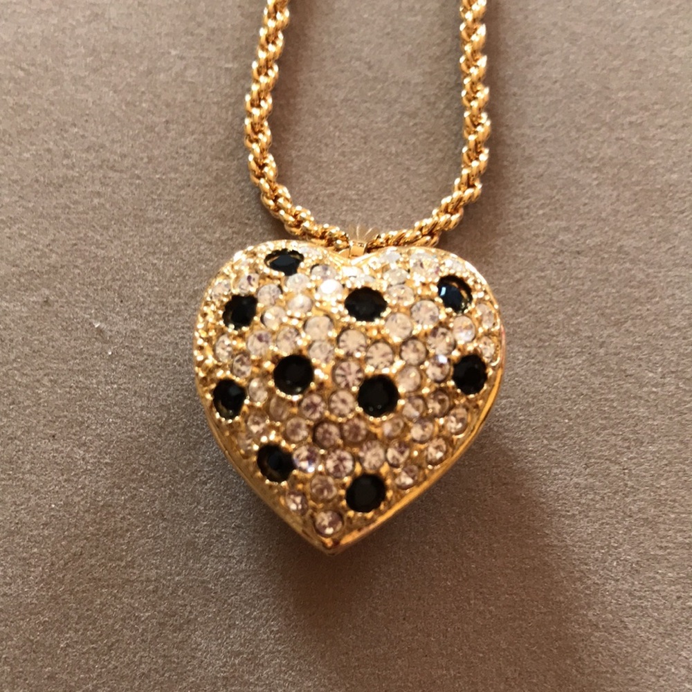 Vintage Joan Rivers Gold heart locket, Clear and black crystal pendant necklace